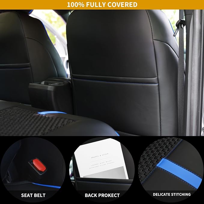 Front Seat Covers Custom Fit for Toyota Tacoma 2016-2023 Double & Crew Cab SR,SR5,Limited,TRD Sport,TRD Pro,TRD Off-Road,Full Coverage Leather Seat Covers,Interior Accessories,Blue Black