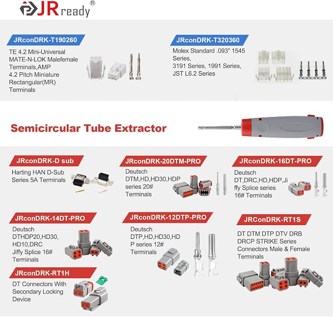 JRready Terminal Removal Tool Kit, Universal Vehicle Electrical Connector Pin Removal Tool for TE, AMP, Delphi, Deutsch,Harting, Molex Pin Extractor Terminal Release Tool Set (JRconDRK00A20-01)