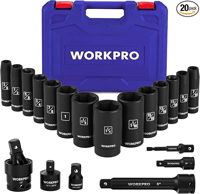 WORKPRO 20-Piece 1/2＂ Drive Deep Impact Socket Set, 6-Point, Cr-V Steel, 10-27mm, Universal Joint, Adapter and Extension Bar, SAE