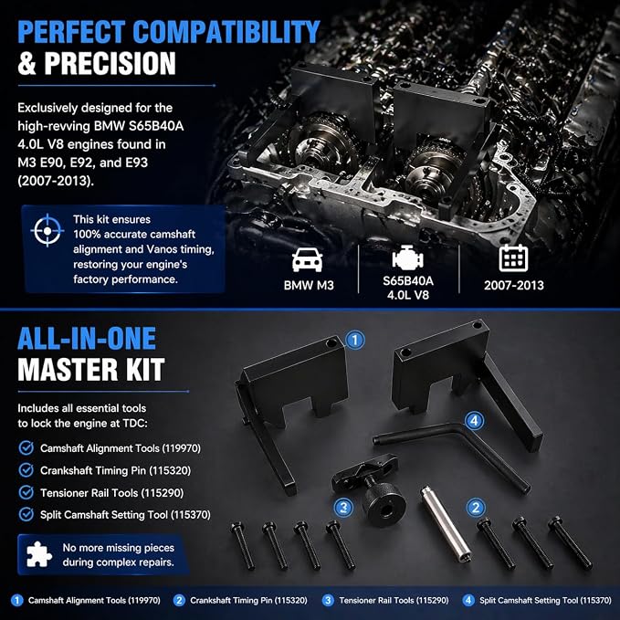 Professional S65 Camshaft Alignment Timing Tool Kit for BMW M3 E90 E92 E93 (2007-2013), Fits S65B40A 4.0L V8 Engine, Replaces OEM 119970 115290 115320 115370, Vanos Setting Master Set
