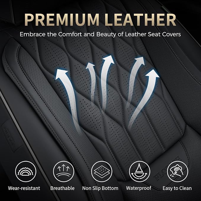 FLORICH Seat Covers Front Seats Leather Car Seat Cover Waterproof Automotive Seat Covers with Lumbar Support Full Coverage Car Seat Cushion Protector Universal Fit for Most Cars Trucks SUV, Black