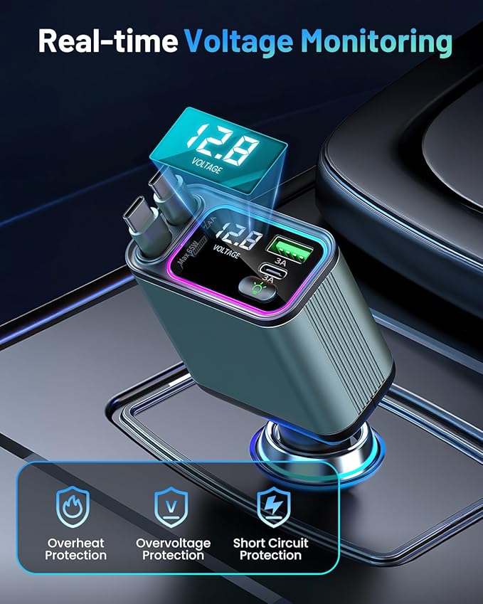 4 in 1 Retractable Car Charger with RGB Light, 92W Fast Charging Dual USB C Car Adapter, Compact Car Phone Charger for iPhone/Galaxy/Pixel, Road Trip Essentials (Dual Type C Cable)