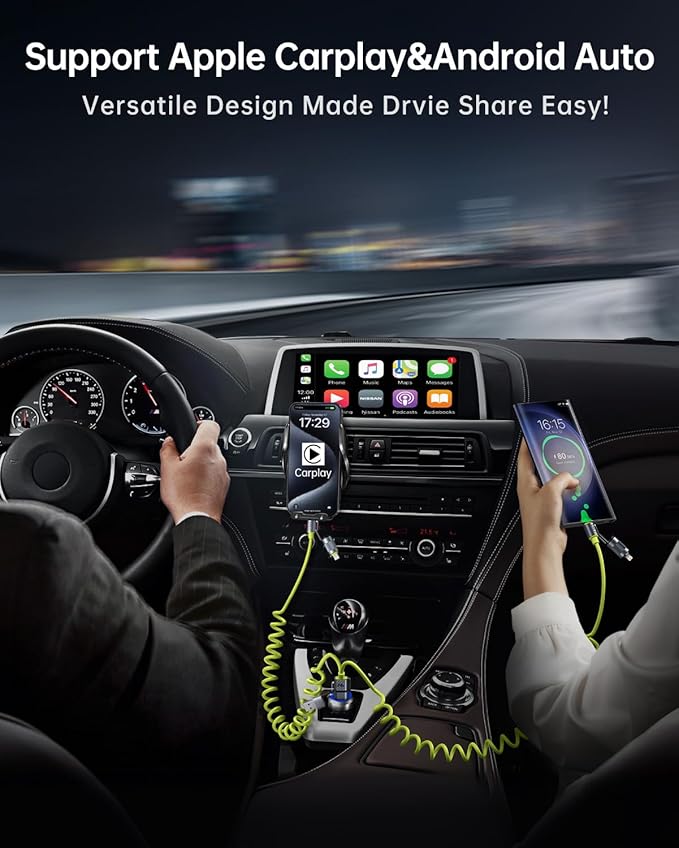 2 Packs Car Cable Bundle, Coiled USB C Cable 60W and 4 in 1 Fast Charger 240W, 5FT Green