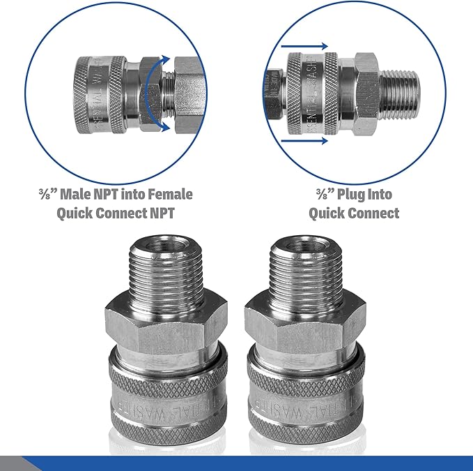 Essential Washer Stainless Steel ⅜” Quick Connect Male NPT | Pressure Washer Quick Connect Fittings | 5000 PSI | Set Of 2
