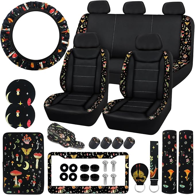 23 Pcs Leather Car Seat Cover Full Set for Women,Universal Car Seat Cover, Print Printing Car Steering Wheel Cover Center Console Armrest,Sunglass Holder Accessories Full SUV (Black Mushroom)