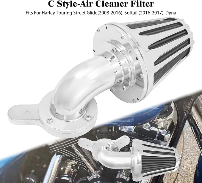 Motorcyle Air Cleaner Filter CNC 90° Forward-Facing Kit Fit for Harley Softail Touring Trike Sportster XL Dyna (Chrome Housing Grey Element, C For Touring 08-16,Softail 16-17,Trike 08-16)