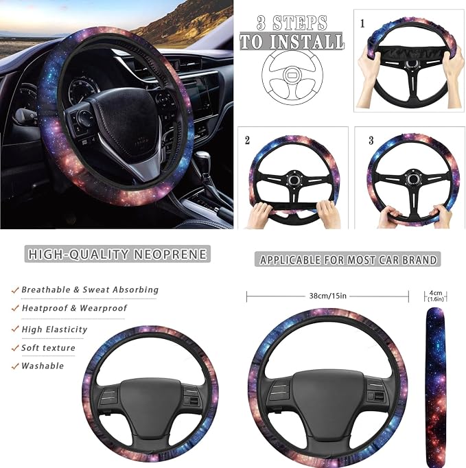 AFPANQZ Starry Galaxy Car Accessories Set 11pcs with Steering Wheel Cover, Front Seat + Bench Covers, Seat Belt Pads Gear Shift Knob Handbrake Cushion Car Cup Holder Coaster Mens Women Gift