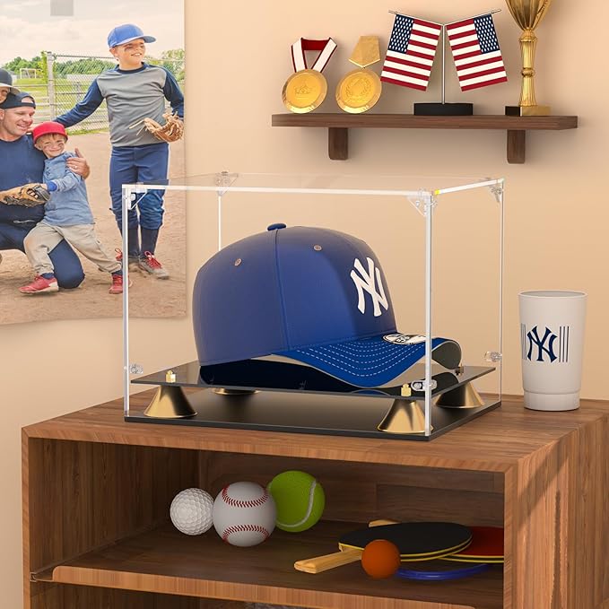 KOLIPI Hat Display Case, Clear Acrylic Baseball Cap Display Box with Double Layer Base, Self-Assembly Showcase for Baseball Cap, Snapback, Mini Helmet, UV Protection for Signed Memorabilia