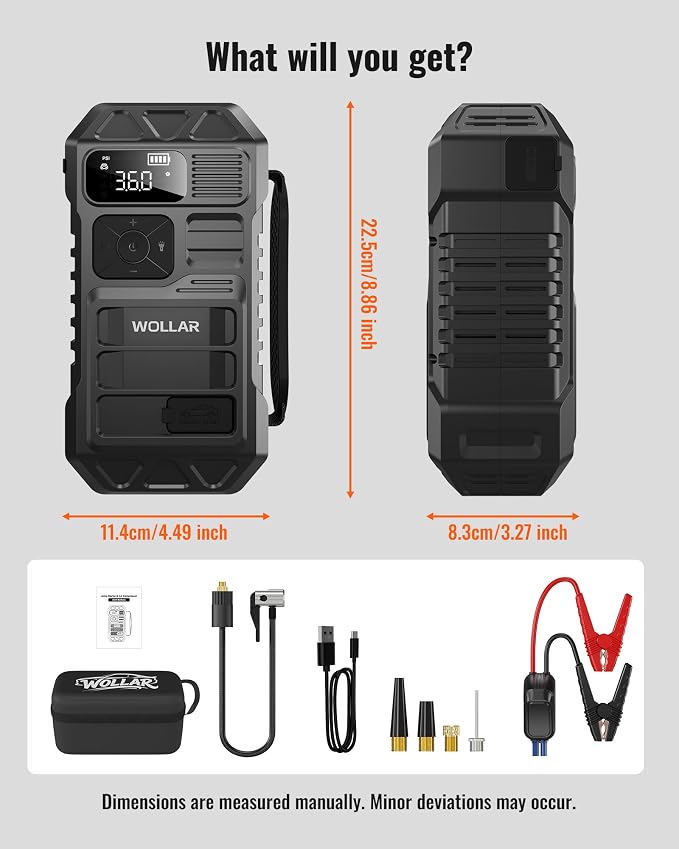 3000A Peak Jump Starter with Air Compressor - 5-in-1 Car Battery Jumper Starter, 12V Portable 160PSI Dual-Cylinder Ultra-Fast Tire Inflator, 20000mAh 74Wh Jump Box for 9.0L Gas/Diesel Engines