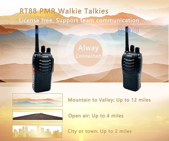 Radtel RT88 Rechargeable Walkie Talkies Long Range Handheld License-Free Two Way Radio 16CH Handsfree USB Charging LED Flashlight (4 Pack)