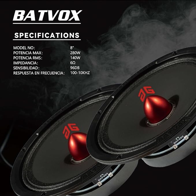 MX80E1 Loudspeaker 8 Inch Midrange 560 Watts 6 Ohms Red Bullet, Premium Quality Audio Door Speakers for Car or Truck Stereo Sound System, Black (2 Speakers)