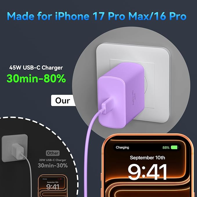 Phone 17 16 Pro Max Charger Fast Charging, 45W Super Fast USB C Charger Block with 10FT Extra Long Fast Charging Cable for 17 16 Pro Max/17 16/16 Plus,15 Pro Max/15 Pro/15, Android Phone-Purple