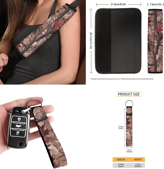Pink Auto Interior Accessories Camo Tree Car Seat Covers with Auto Steering Wheel Cover Seat Belt Covers Car Trash Can View Mirror Cover Coaster Keychains