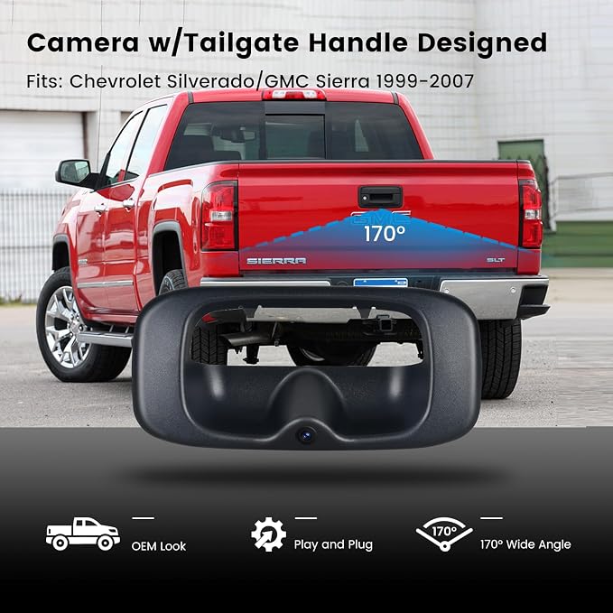 Dasaita Tailgate Handle Reverse Camera for Chevrolet Silverado/GMC Sierra 1999-2007, Only Fit 1080P Navigation, Real AHD 1080P Rear View Camera Backup Camera with Wiring Harness, 170° Wide Angle