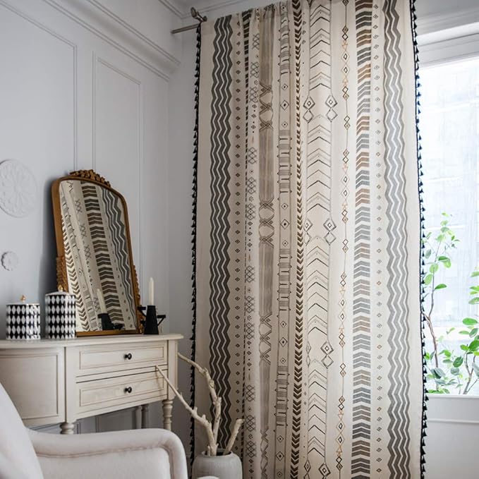 ColorBird Boho Curtains 2 Panels 84 Inches Long Patterned Western Azetc Boho Chic Decor Semi-Blackout Light Filtering Drapes Window Treatment with Tassels Rod Pocket for Living Bedroom Office