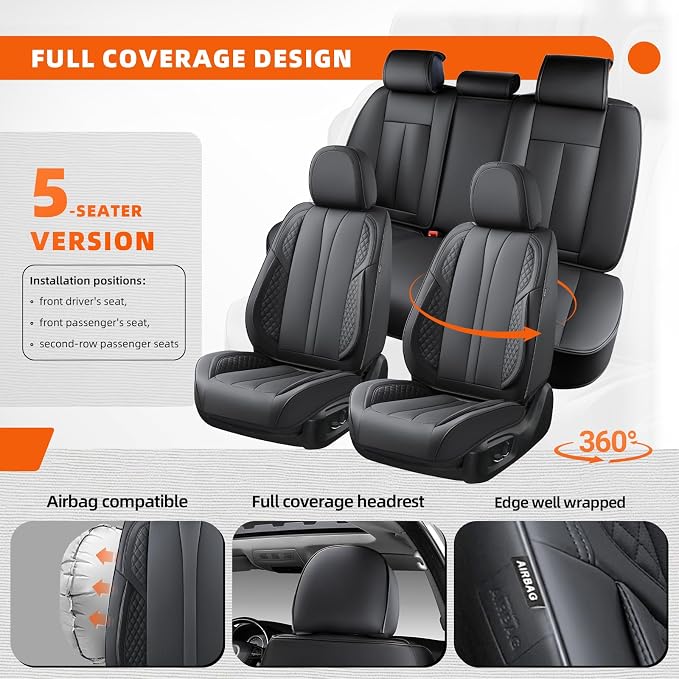 5-Seater Car Seat Covers Full Set Waterproof and Breathable Nappa Leather, Fit for Front and Rear Seats of Cars, Compatible with Airbags, Car Seat Protector Covers for Most Cars - Pure Black