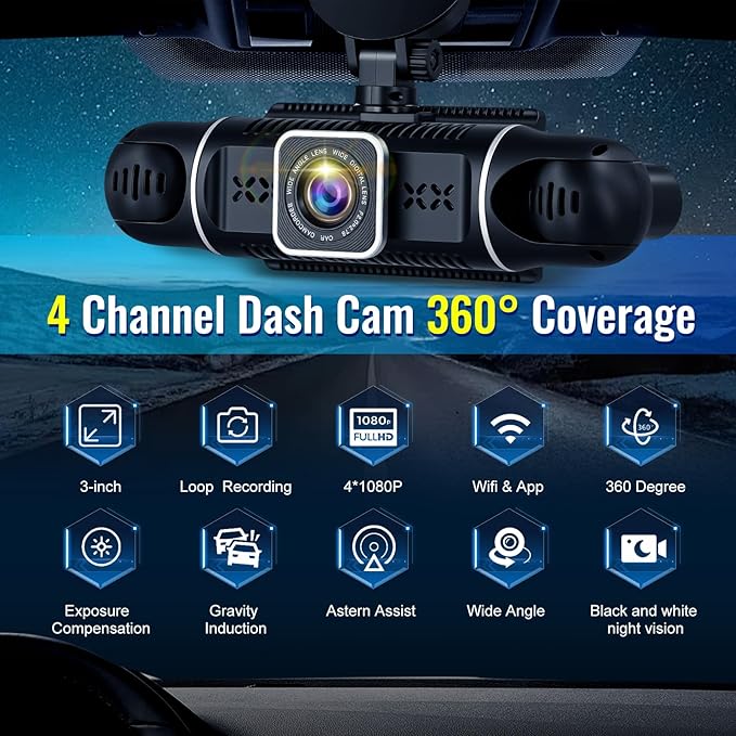 NHOPEEW 4 Channel Dash Cam 360° Coverage: Front 2K + Triple 1080P Car Camera Built-in WiFi Car Camera with App, Front Rear Left Right Inside with G-Sensor/Night Vision/Loop Recording + 64GB Card