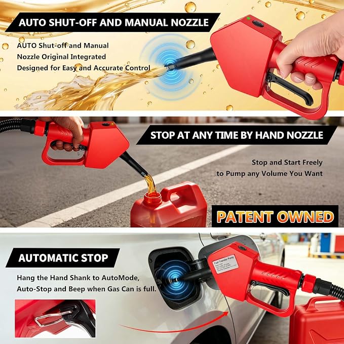 Portable Fuel Transfer Pump with Auto-Stop & Hand Nozzle, 80'' Pumping lift,fit different gas barrel sizes and depths, no adapters needed,3.8GMP, mulitiple power supply,for Gasoline, Diesel, Kerosene