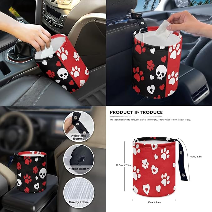 Skull Love Print Car Seat Covers Full Set Dog Paw Print Car Seat Covers Front and Back Full Set with Steering Wheel Cover Armrest Cushion Safety Belt Pads Garbage Bag Cup Coasters