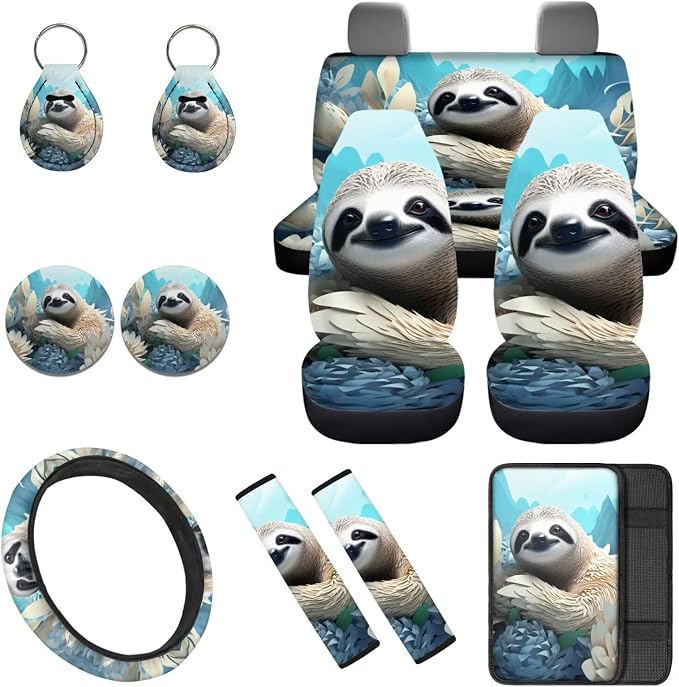 Funny Sloth 12 Pack Car Seat Covers Full Set with Steering Wheel Accessories Car Seat Belt Cover Arm Rest Cover Car Cup Coasters Universal Fit for Most Cars,SUVs