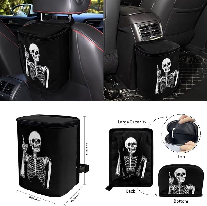 Finger Skull 15 PCS Car Seat Cover Full Set with Steering Wheel Cover Seat Belt Strap Pads Cup Coasters Trash Bag Rearview Mirror Cover Keychain Auto Interior Decor