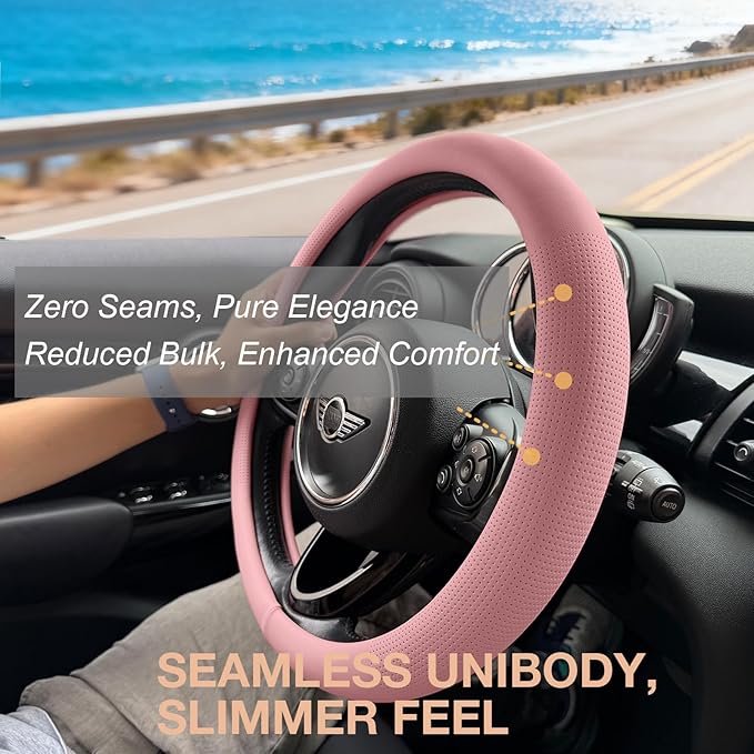 PINCTROT Large Size Nappa Leather Steering Wheel Cover, Slim Fit No Bulk Design, One Piece Leather with Breathable Perforation, Fit Like Gloves, 15.5-15.75 Inch(Nappa Pink)