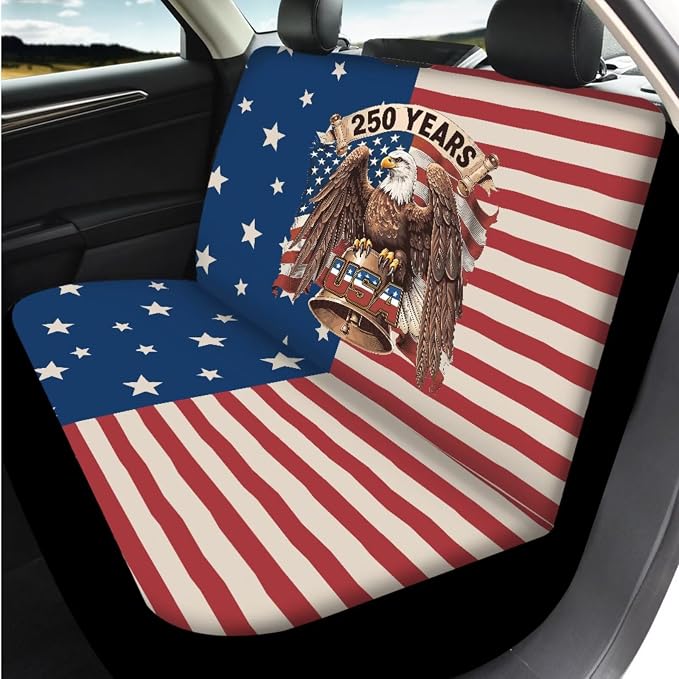 Bulopur American Flag Eagle Auto Seat Covers Front and Rear with Steering Wheel Cover Center Console Cushion Car Seat Headrest Covers Seat Belt Pads 250 Years Anniversary Car Interior Decor Set