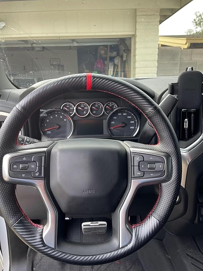 Leather Carbon Fiber Steering Wheel Cover for Chevrolet Blazer Silverado (1500) 2019-2025 / Silverado (2500/3500) 2020-2025/ Suburban Tahoe 2021-2024 Custom Stitched Interior Accessories