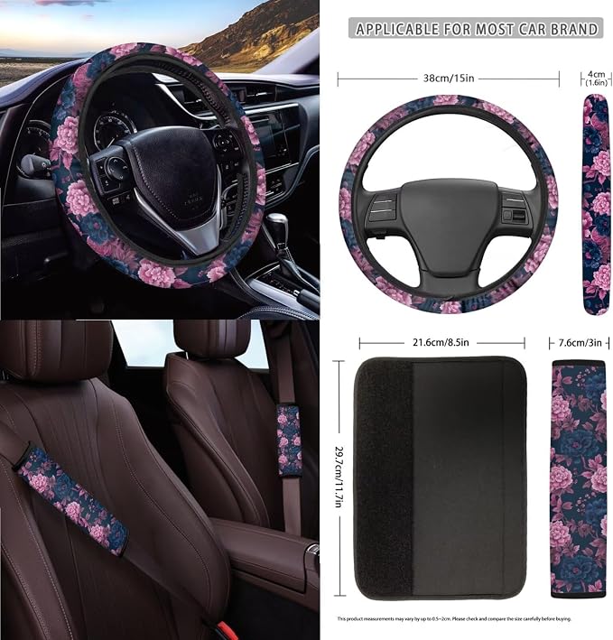 Peony Floral Pattern Car Accessories Set of 15 Bucket Seat and Rear Bench Cover Steering Wheel Cushion Seatbelt Pad Trash Bin Rearview Mirror Cover Keychain Air Outlet Bag Cup Holders