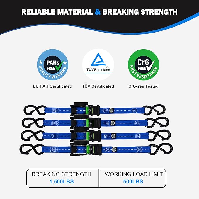 Retractable Ratchet Straps(4PK 1.0INX12FT) - 1,500lb Break Strength, Ratchet Strap Heavy Duty with Rubber Coated Handle, Perfect Auto Ratchet Straps for Motorcycle,Trucks (Blue)
