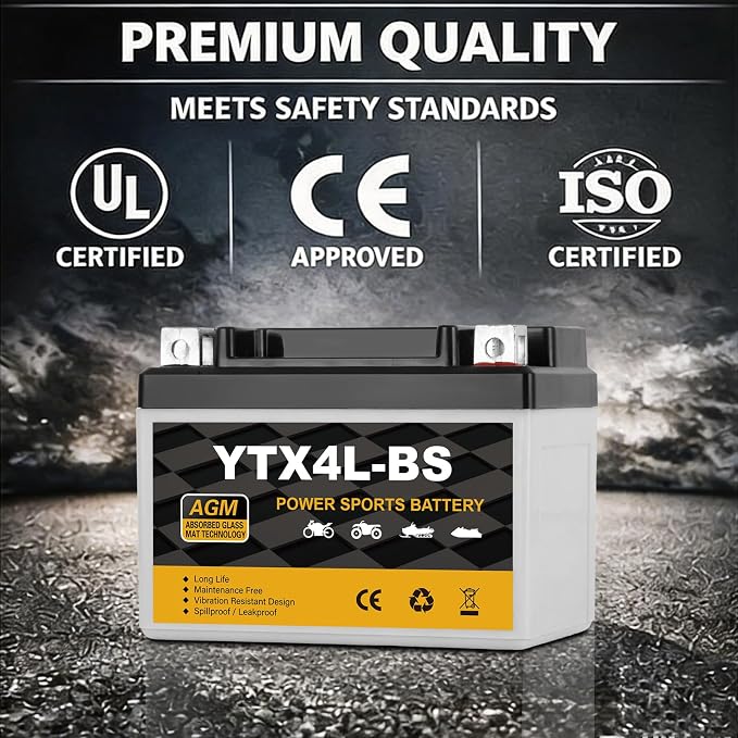 YTX4L-BS Motorcycle Battery 12V 3Ah, 70 CCA Sealed AGM Rechargeable Maintenance Free Battery, Replacement for ATV, 50cc Scooter, Dirt Bike