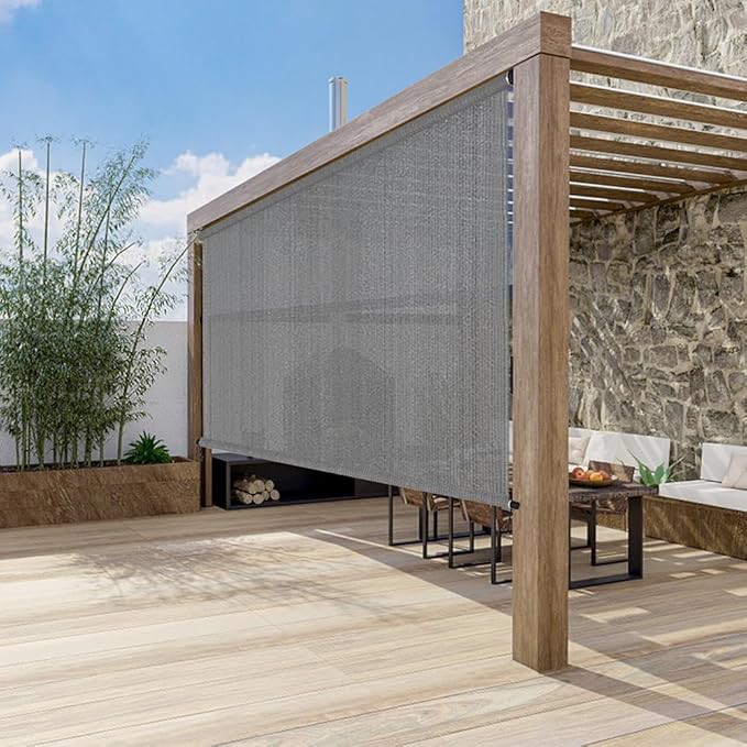 SMONTER Outdoor Sunshade Roller Shade 8'W x 6'H (96" Wx72 H), Exterior Cordless Roll Up Shades Blinds, UV Protection Shade Cloth with Crank Operation for Outside Windows Patio Porch Gazebo, Dark Grey