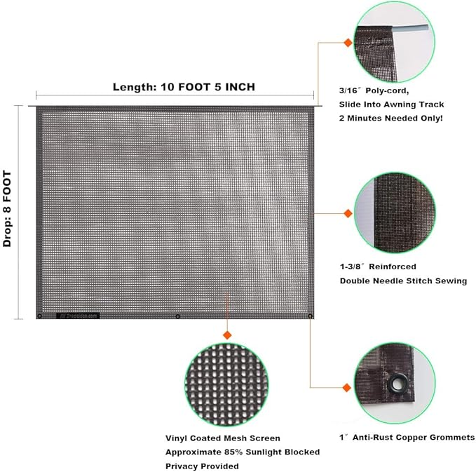 Shadeidea RV Sun Shade Screen for Awning - 8' X 10' 5'' Brown Mesh Sunshade Motorhome Camping Trailer UV Sunblocker Canopy Sunscreen - 3 Year Lasting