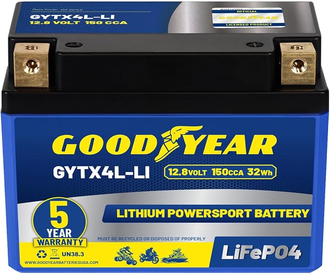 Goodyear GYTX4L-LI Lithium LiFePO4 12.8V 150CCA Rechargeable High Performance Powersport Battery with Smart BMS Replacement for Motorcycle, ATV, UTV, Scooter, Watercraft, Jet Ski, and Snowmobile