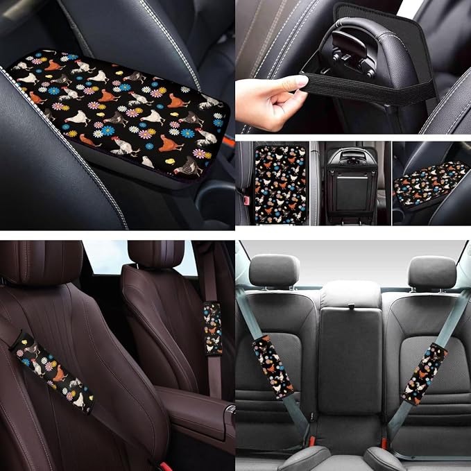 Thanksgiving Chicken Car Seat Covers Sets 12 Pieces Center Console Cover Car Steering Wheel Cover Seat Belt Pads Car Interior Accessories Universal Fit for Cars SUV