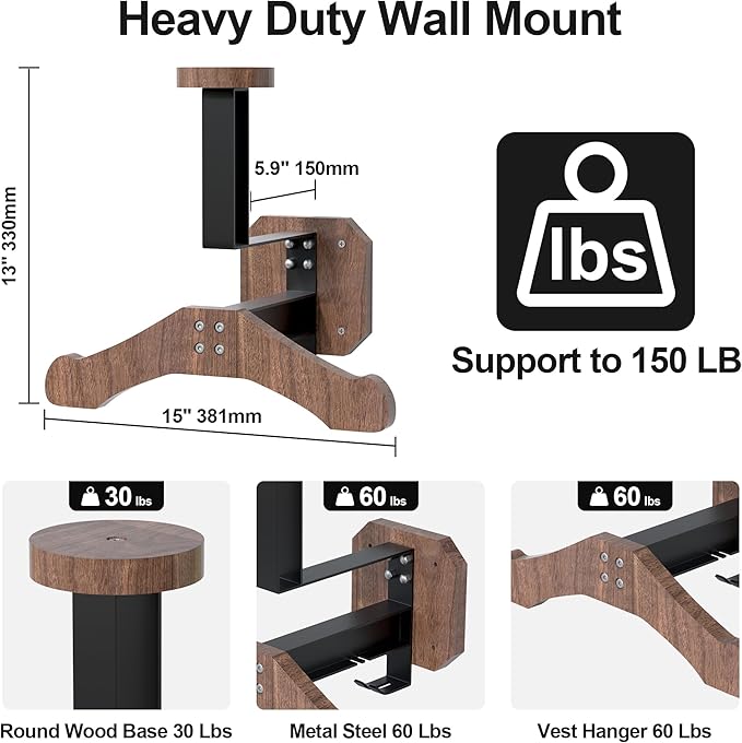 JAGASOL Motorcycle Helmet Holder Wall Mount, Heavy-Duty Tactical Helmet Accessories, Versatile Wall Rack for Motorcycle and Football Gear Storage, Space-Saving Design, Brown