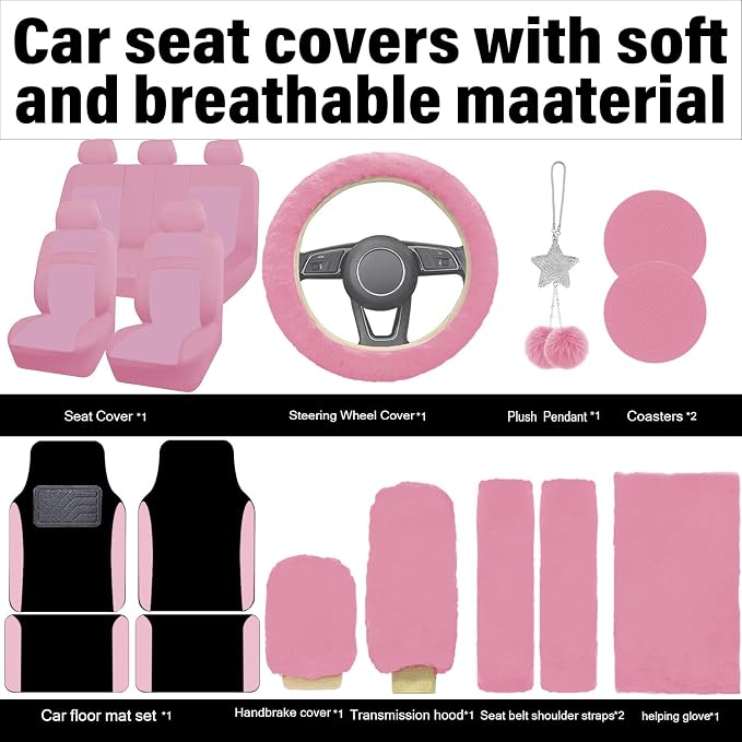 Car Seat Cover Full Set for Women with Waterproof Floor Mats,3D Air Mesh Car Seat Cover with 5mm Composite Sponge Inside,Universal Fluffy Steering Wheel Cover, Accessories Full SUV(Pink)
