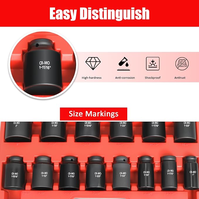 TONYNOL 1/2" Inch Drive Deep Impact Socket Set,6-Point,SAE Sizes(1“-2”),14 PCS,Cr-Mo Steel,Heavy Duty Impact Sockets for Automotive & Industrial Machinery,With a Storage Case