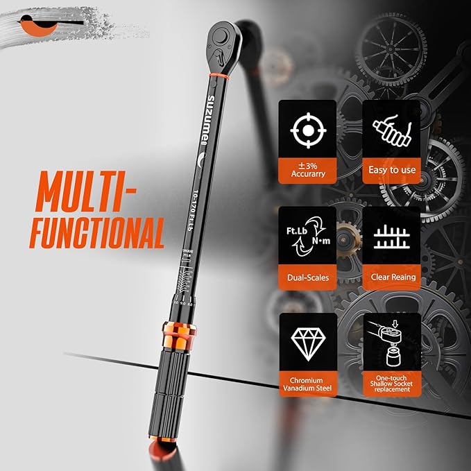 SUZUME Torque Wrench 1/2 Drive (10-170 Ft. Lb/ 14-231 N.m) ±3% High Accuracy Torque Wrench 72 Tooth Dual-Direction Adjustable Dual-Scales Torque Wrenches for Bicycle, Moto, Car