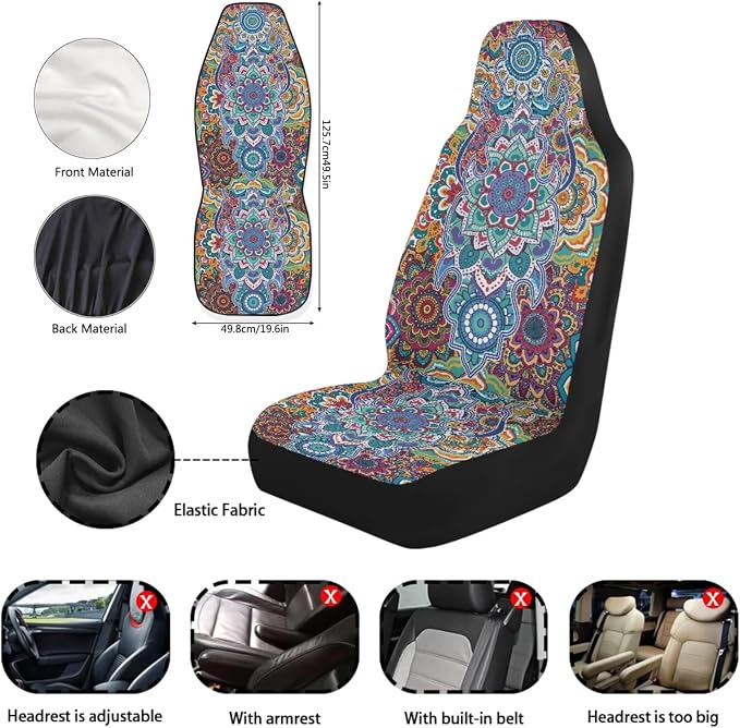 Art Mandala Car Seat Covers Set of 11 Car Front Seat Cover Steering Wheel Cover Rear View Mirror Cover Cup Coasters Wristlet Keychain for Most Cars, SUVs