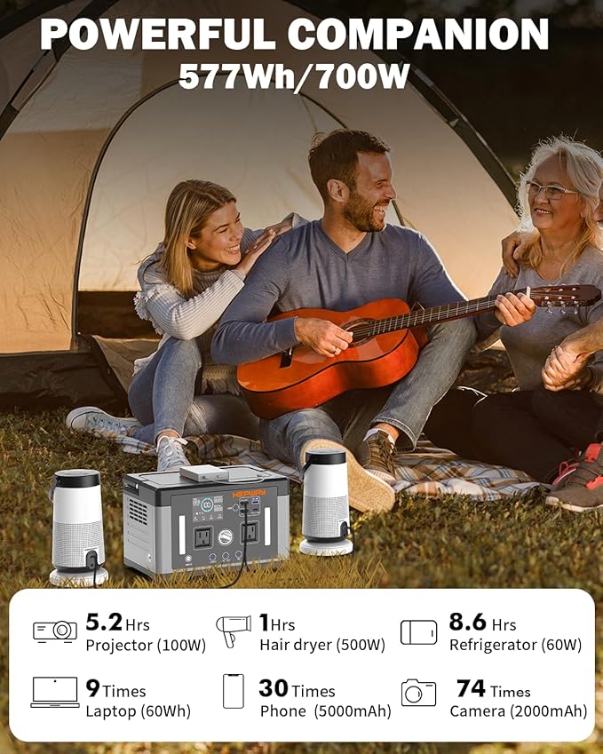 Portable Power Station 700W, 577Wh Battery Solar Generator, Power Bank 110V/ Surge 1000W Pure Sine Wave 2 AC Outlets with PD 60W USB-C Fast Charging for CPAP Camping, Hurricane Emergency, RVs