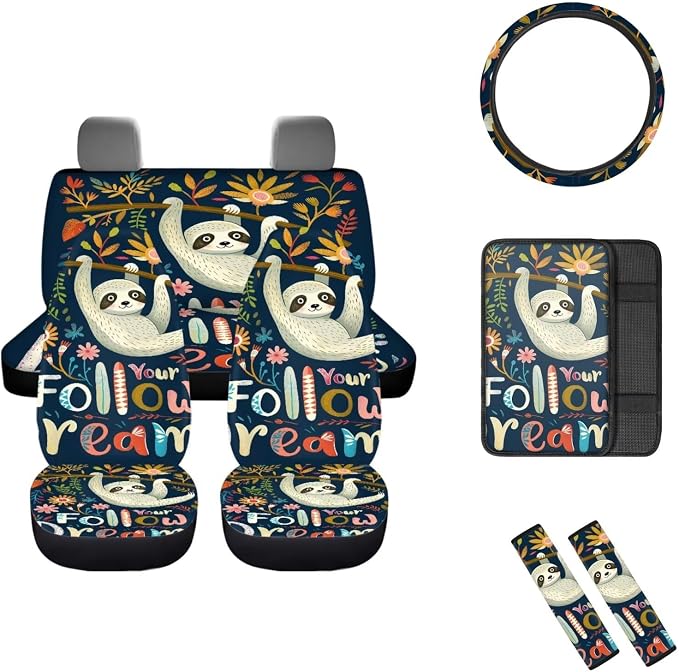 Mumeson Sloth Car Seat Covers Auto Front and Rear Cushion Covers with Steering Wheel Cover Seat Belt Shoulder Pads + Car Armrest Cushion Interior Accessories