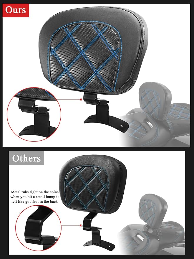 FOVPLUE Rider Backrest,Adjustable Driver Backrest Pad Kit fits for Harley Touring CVO Road Glide Road King Electra Glide Street Glide FLHR FLTRX FLHX FLHT 2009-2023,Double Blue Stitching