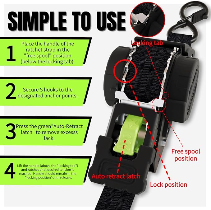 Retractable Ratchet Straps 1''x 12ft Heavy Duty Tie Downs Bolt on Auto Retract Ratchet Strap 1760lb Break Strength Self Retracting for Truck,Cargo,Trailer,Motorcycle,ATV,UTV (Black-Green,2 Pack)