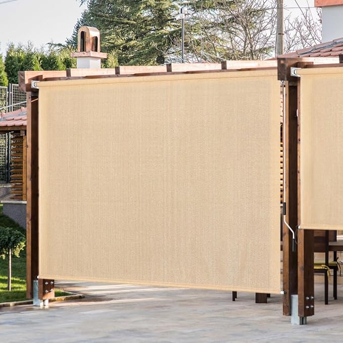 KELIXU Patio Shades Roll Up Outdoor Blind, 4' W x 6' H Cordless Sun Shade Privacy Screen with 90% UV Protection Exterior Roller Shade Cloth for Porch Pergola Backyard Windows Balcony, Walnut