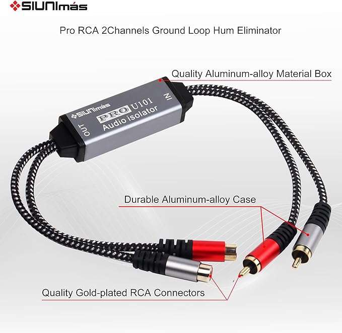 Pro U101 Mini RCA Passive Ground Loop Noise Isolation Box Build-in Nylon Braided Cords Audio Noise Filter for Home/Car/Official Audio Playing Systems Hum/Buzzing Problems