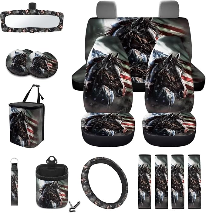 Wanyint Horse United States Flag 15 PCS Car Seat Cover Full Set, with Steering Wheel Cover Seat Belt Strap Cover Trash Can Rear View Mirror Cover Coaster Keychain Air Vent Storage Bag Car Decoration