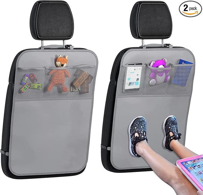 lebogner Back Seat Cover for Kids + 3 Pocket Storage Organizer, 2 Pack X-Large Multifunctional Kick Mats Backseat Protector, Car Seat Back Protectors for Vehicles to Protect from Dirt & Scuffs, Grey