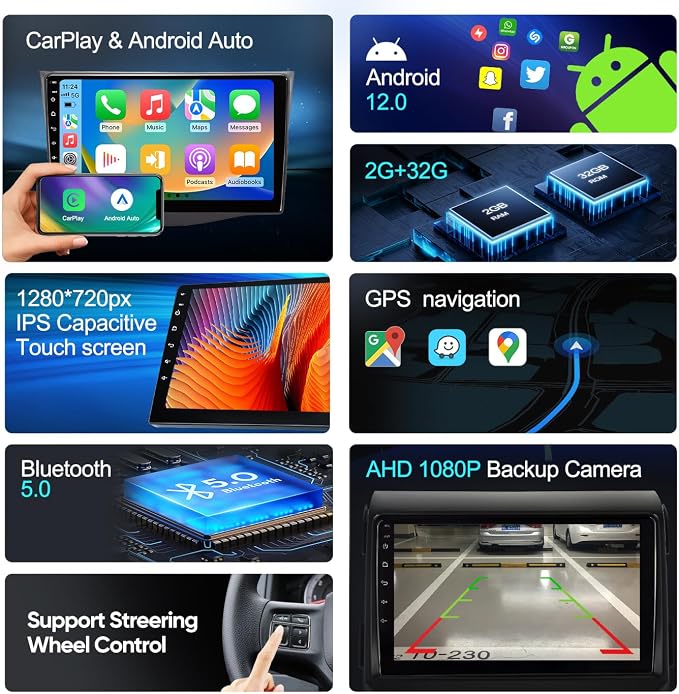Car Stereo Radio Upgrade for Toyota RAV4 2006 2007 2008 2009 2010 2011 2012 with 9 Inch IPS HD Touch Screen/Android12/5G WiFi/Wireless CarPlay Android Auto/GPS FM/SWC Bluetooth 1080P Backup Camera