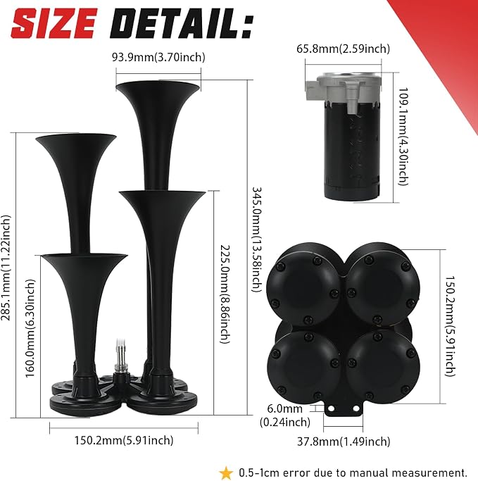 PTNHZ Double Row 4 Trumpet Air Horns Kit w/Air Compressor (No Wiring Harness & Button Switch) 12/24V Super Loud 178dB Universal for Pickup Car Jeep SUV Train Boat(Black)